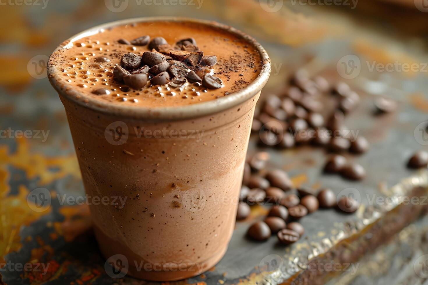 Creamy Iced Mocha with Coffee Beans on Rustic Table - Perfect for Beverage and Coffee Themes photo