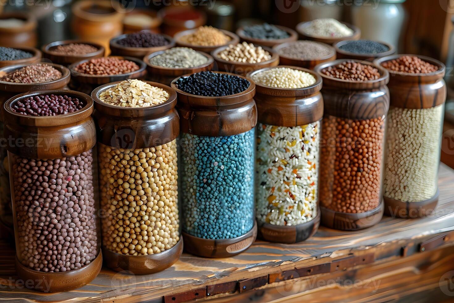 Assorted Grains and Legumes in Wooden Jars - Rustic Kitchen Decor and Storage photo