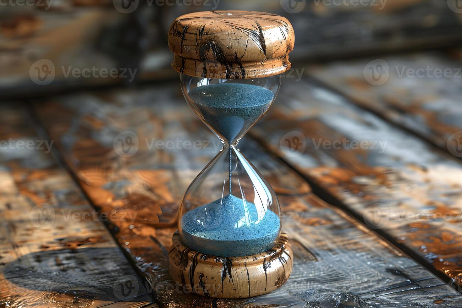 Antique Hourglass on Rustic Wooden Surface with Blue Sand for Timeless Decor and Design Concepts photo
