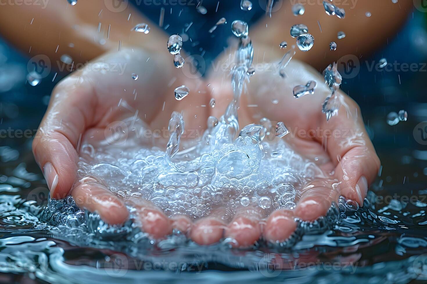 Cupped Hands Embracing Refreshing Water Splash for Pure Nature Concepts photo