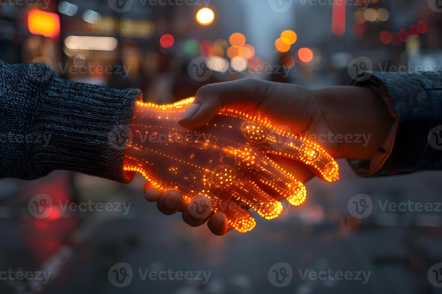 Digital Collaboration Futuristic Handshake Concept in Urban Night Scene photo