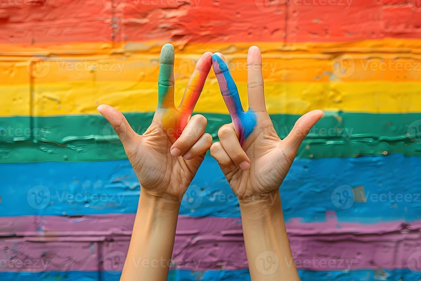 Vibrant Pride Expression with Rainbow Painted Hands on Colorful Background photo