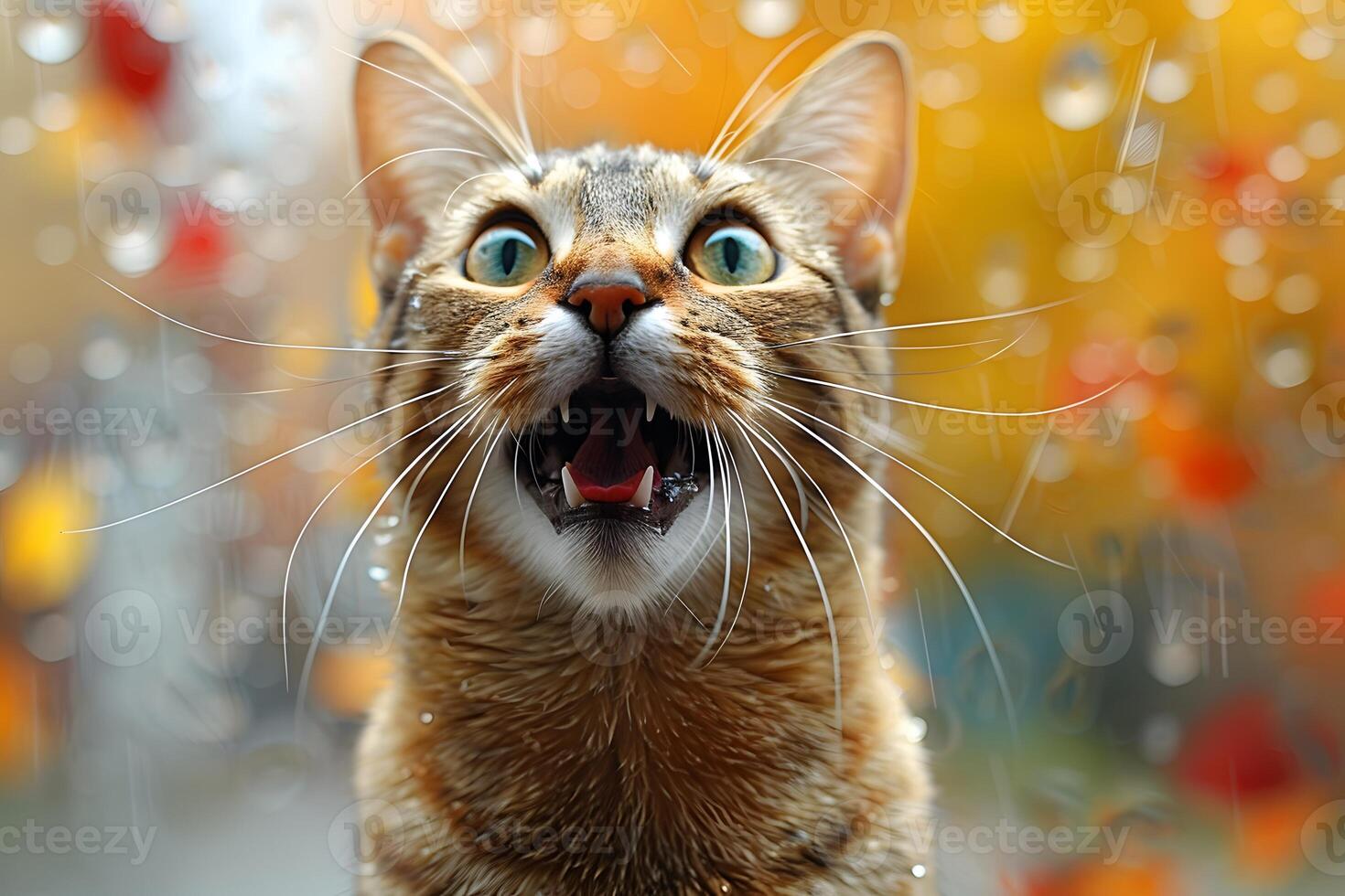 Playful Cat with Raindrops in Vibrant Autumn Setting photo