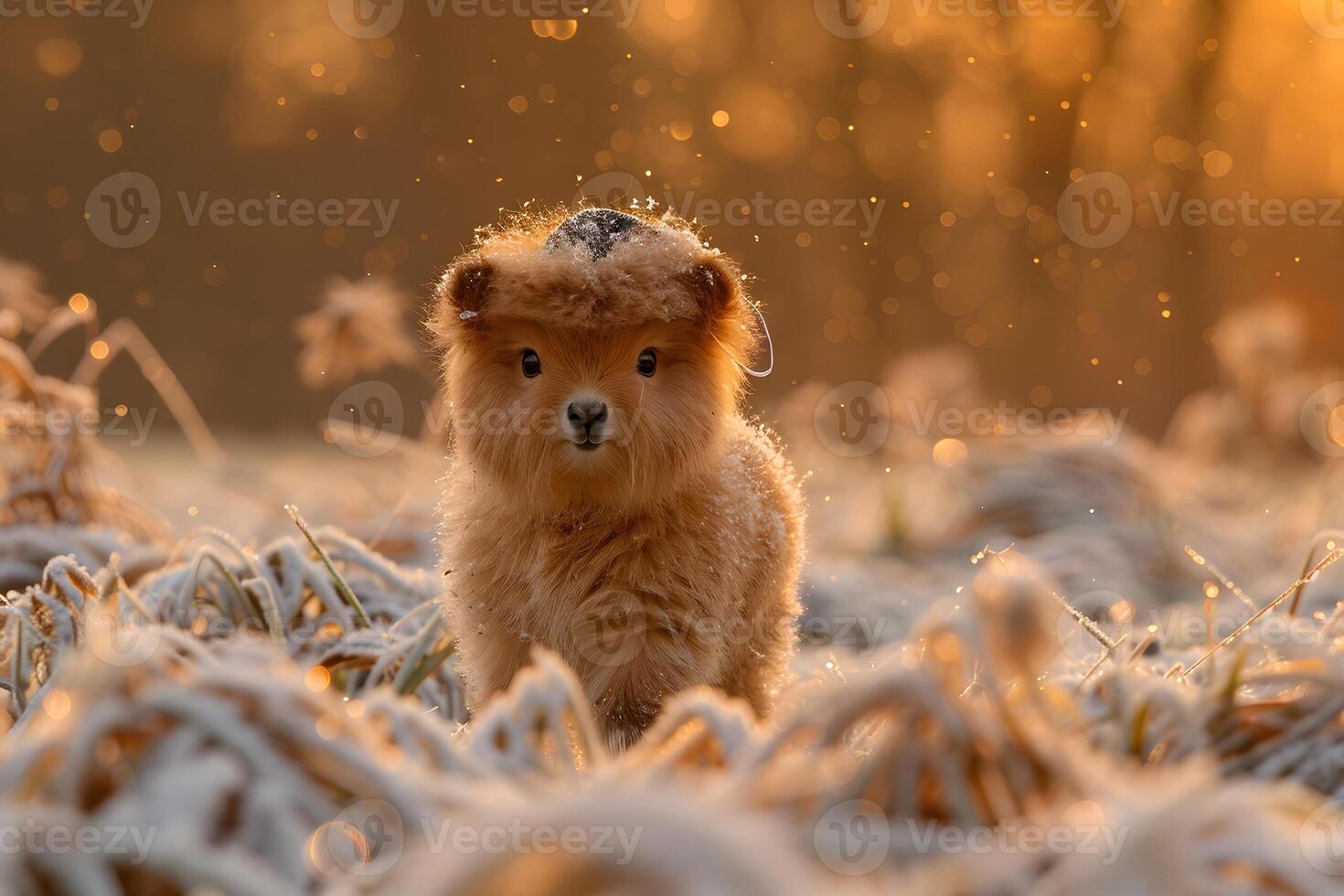 Adorable Furry Creature in Frosty Autumn Meadow at Sunrise photo