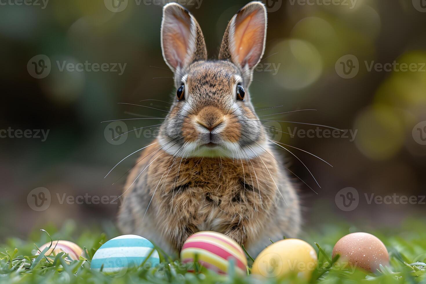 Easter Bunny with Colorful Eggs in Spring Garden photo