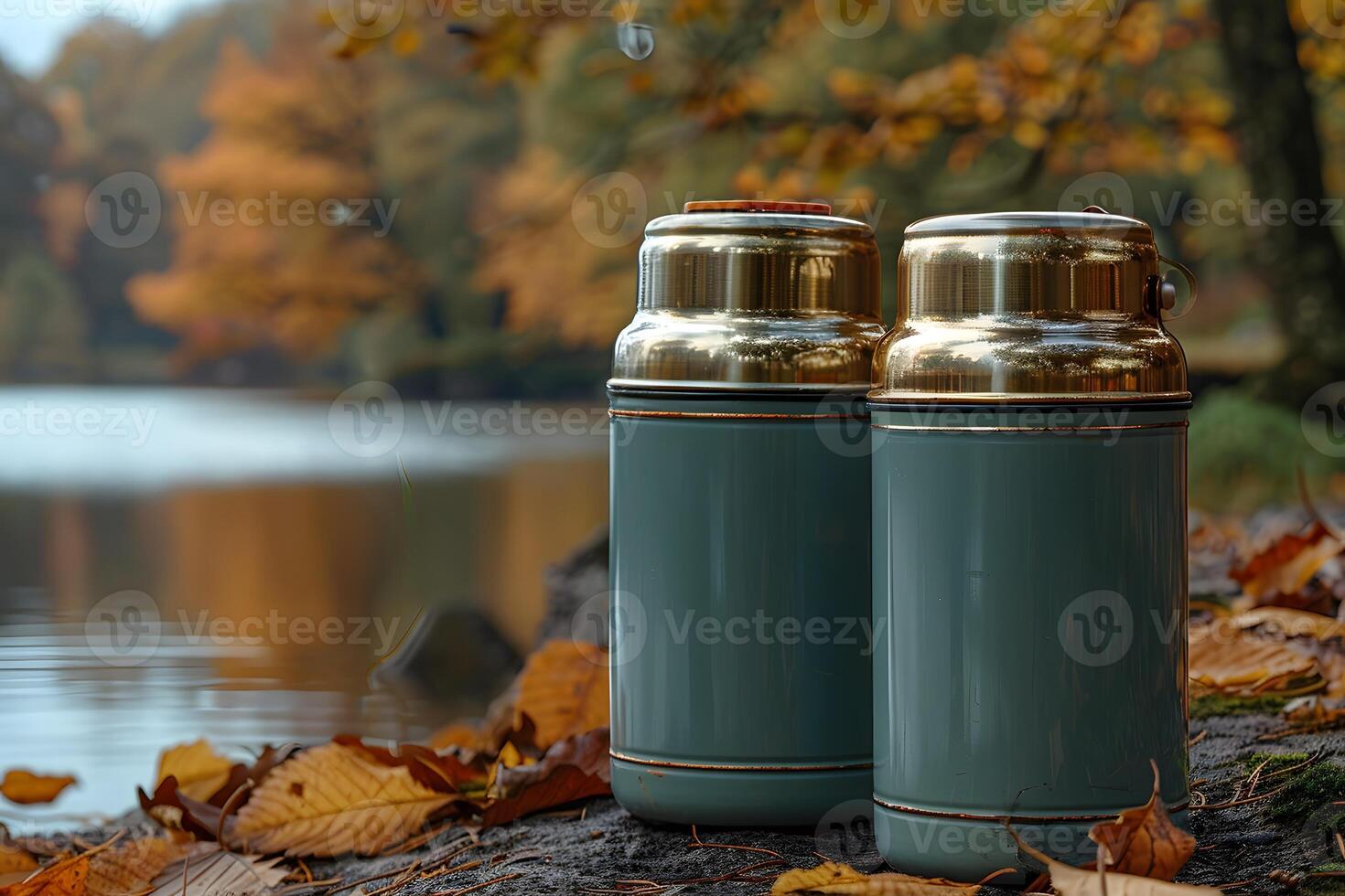 Autumn Picnic by the Lake with Thermos and Falling Leaves - Perfect for Outdoor Gatherings photo