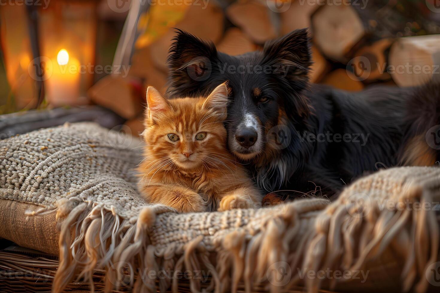 Cozy Autumn Evening with a Cat and Dog by the Fireplace - Perfect for Pet Lovers and Seasonal Decor photo