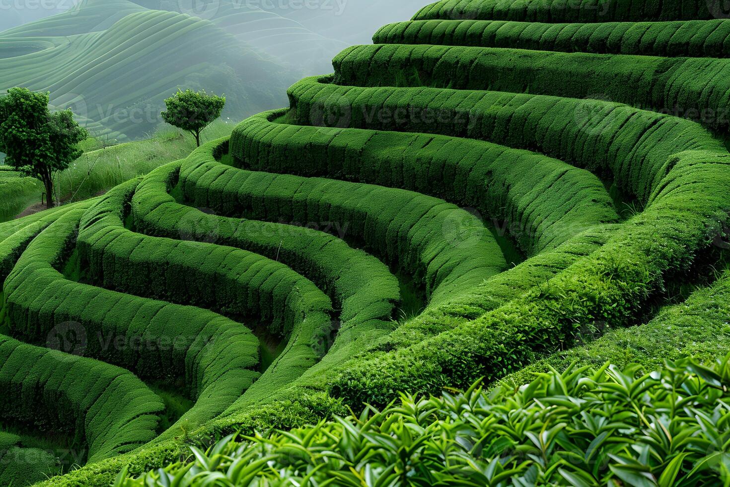 Verdant Terraced Tea Fields in Misty Landscape for Nature and Agriculture Design photo