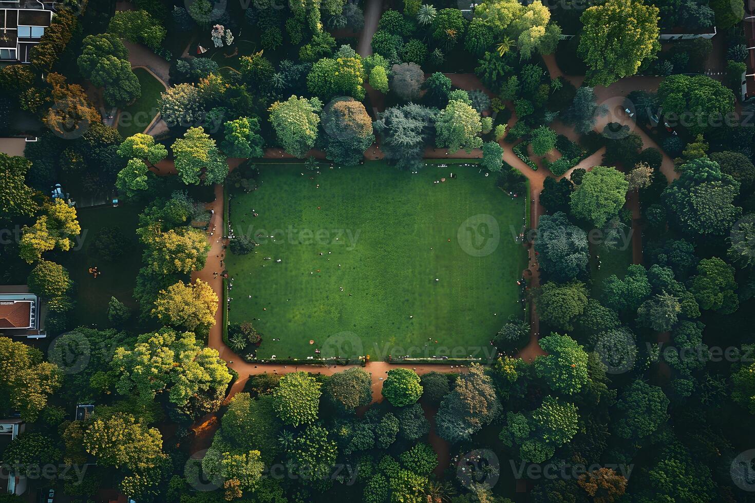 Aerial View of a Lush Green Park Surrounded by Trees in an Urban Setting photo