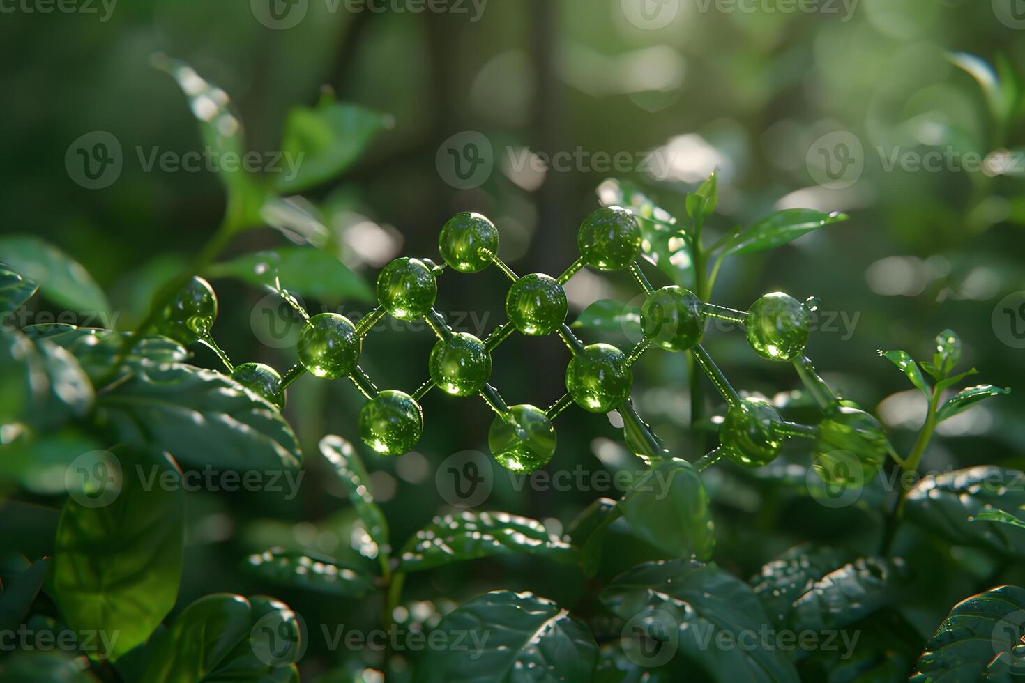 Molecular Structure of Organic Compound on Lush Greenery in Sunlight - Scientific Visualization for Educational and Design Use photo