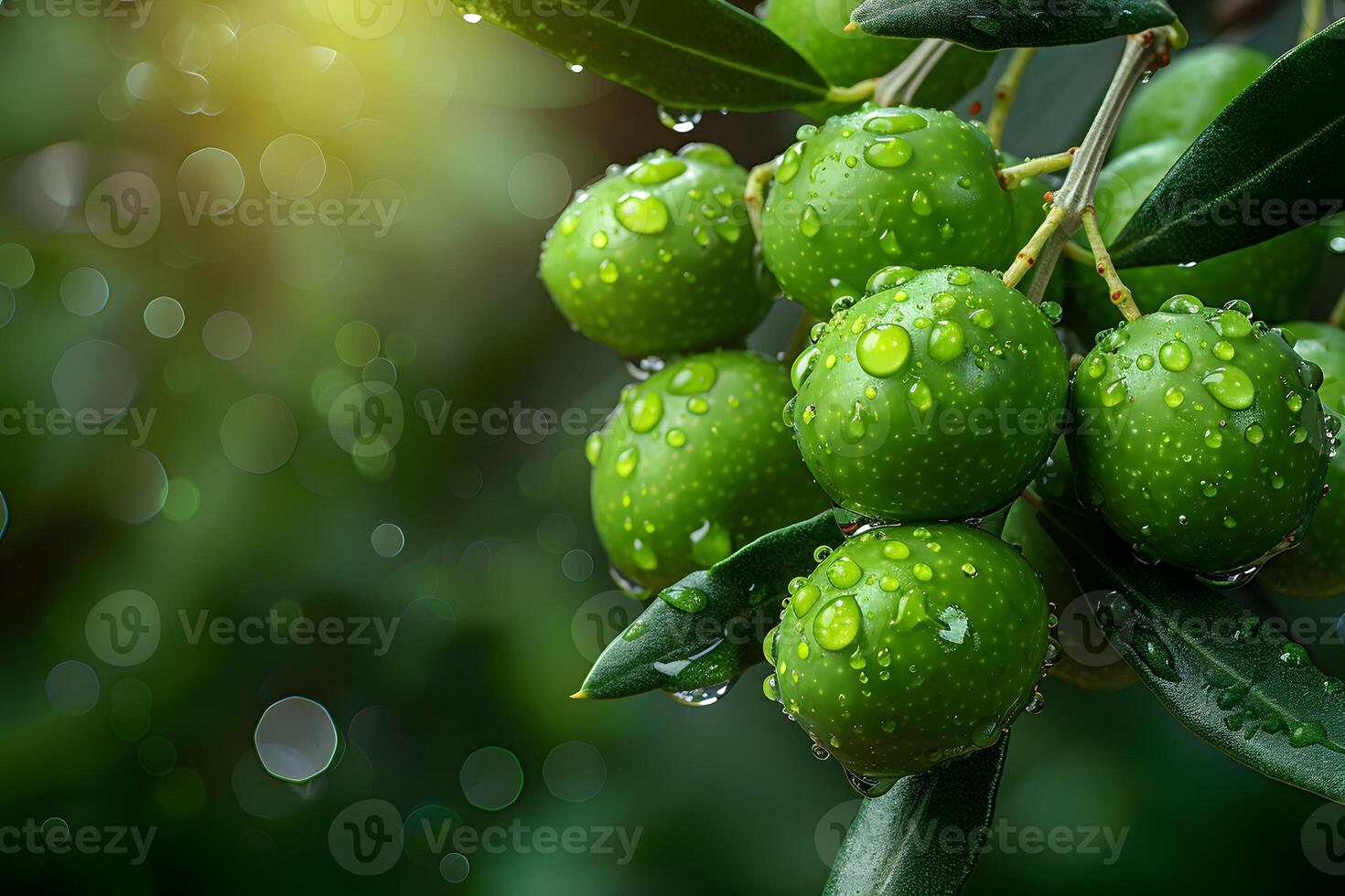 Fresh Green Olives with Dew Drops on Tree Branch in Sunlight Ideal for Culinary and Nature Themes photo