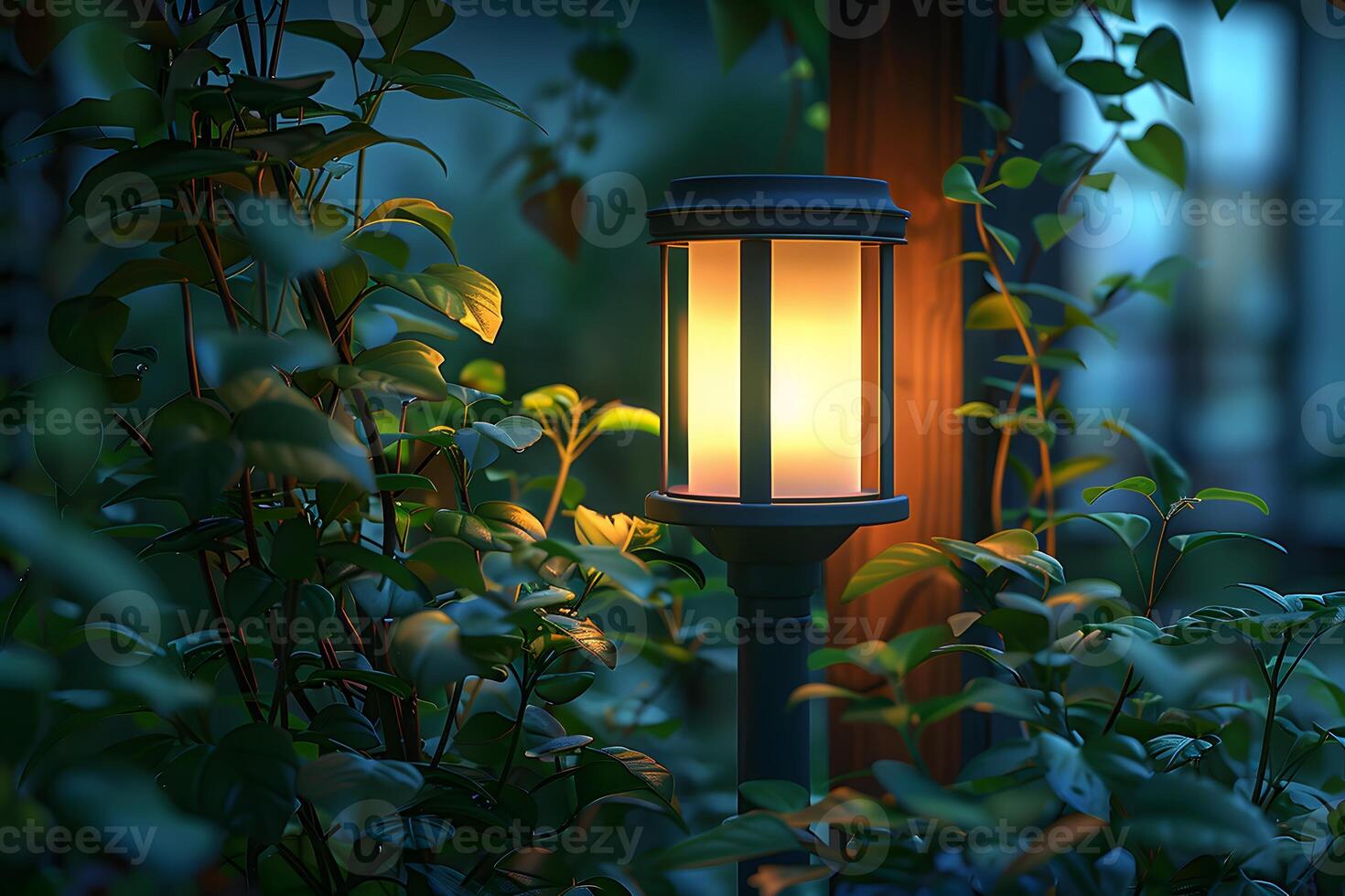 Tranquil Evening Lantern in Lush Garden Foliage for Outdoor Serenity and Ambiance photo