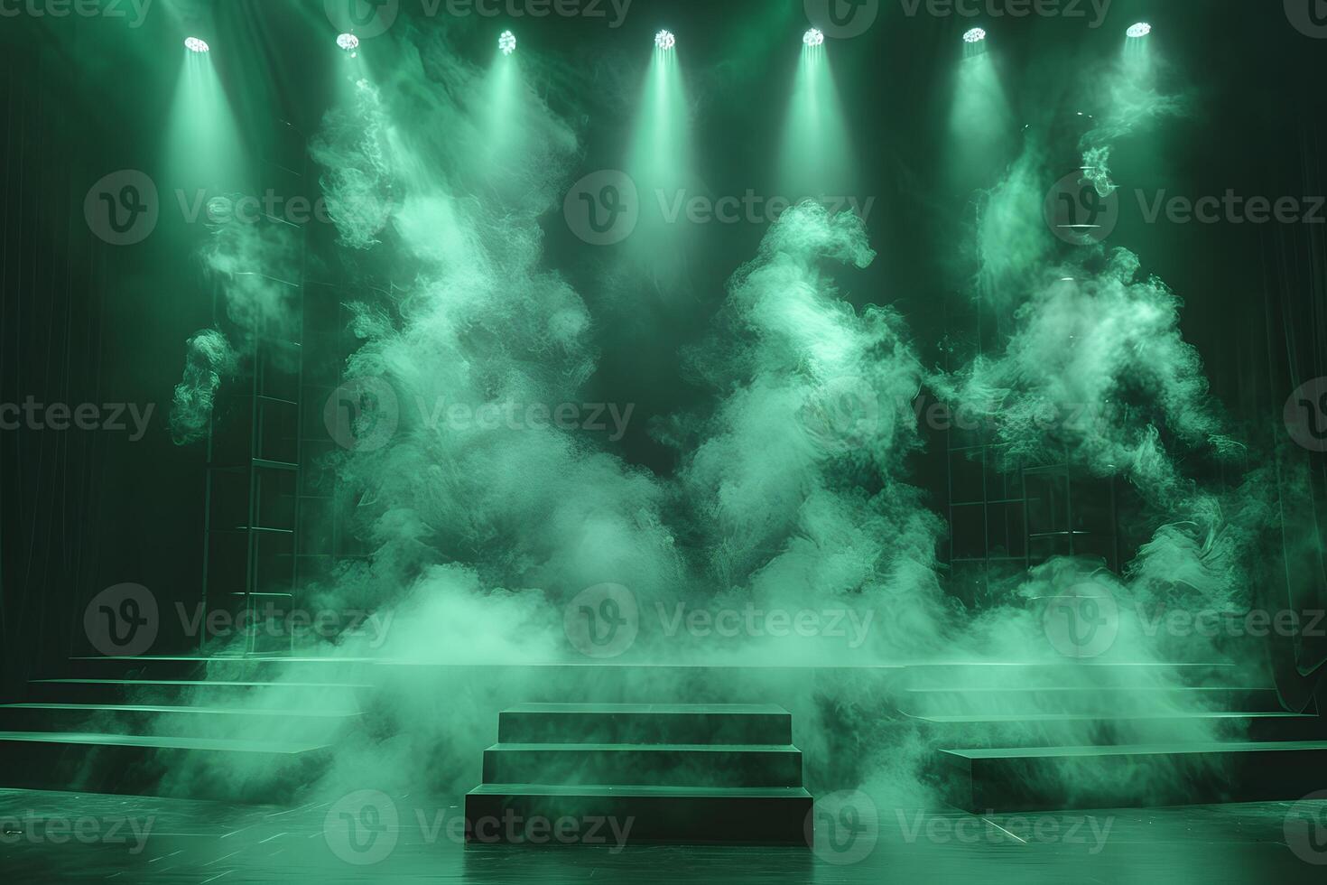 Dramatic Theater Stage with Green Smoke and Spotlights for Mystical Performance Background photo