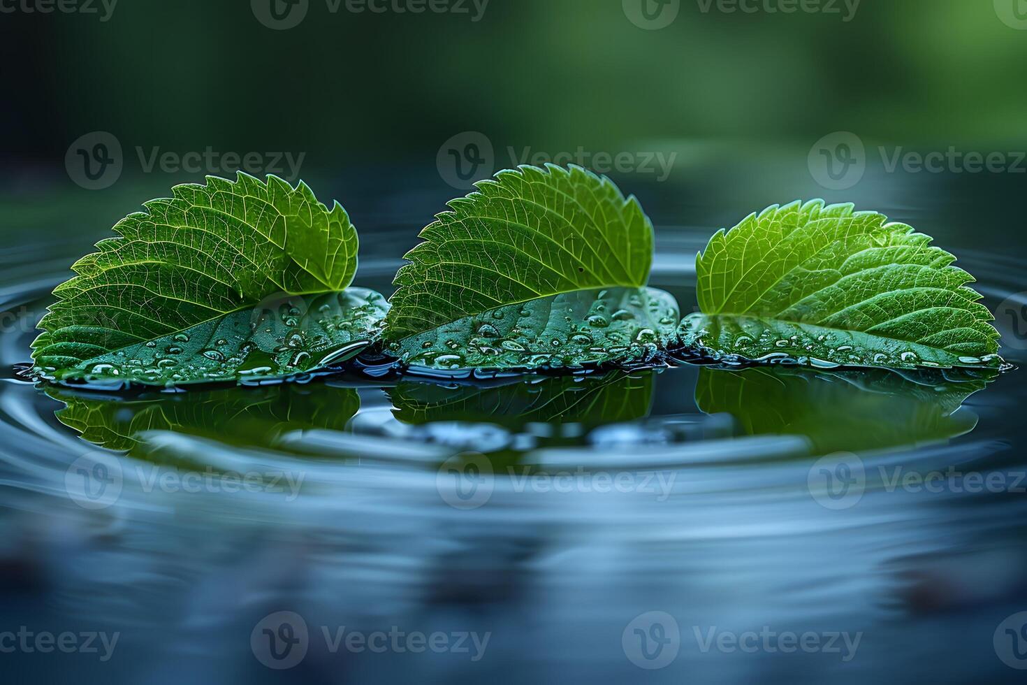 Nature's Harmony Fresh Green Leaves with Dew on Rippling Water Surface for Tranquil Design photo