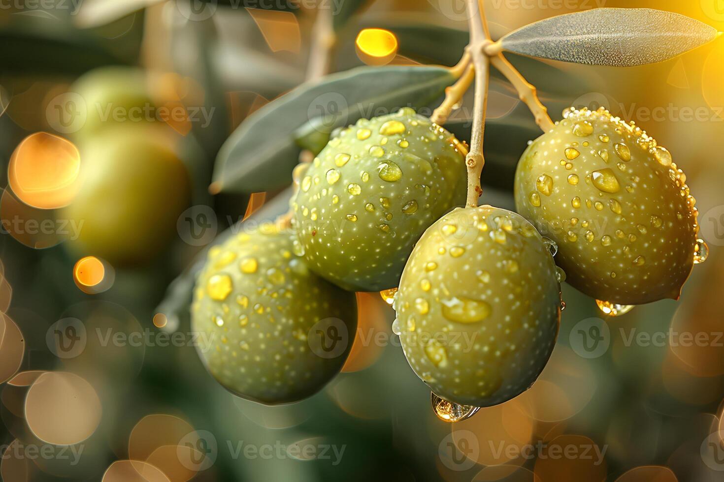 Dew-Kissed Green Olives on Tree Branch with Bokeh Background for Organic Farm Designs photo