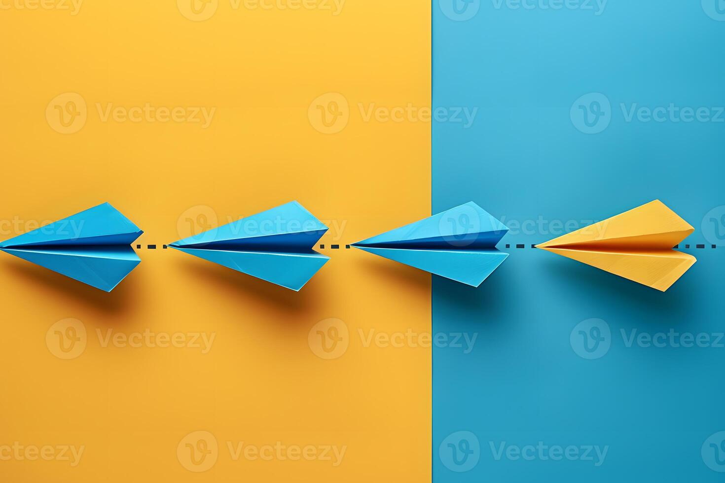 Leadership and Innovation Concept with Unique Yellow Paper Airplane Leading Blue Ones photo