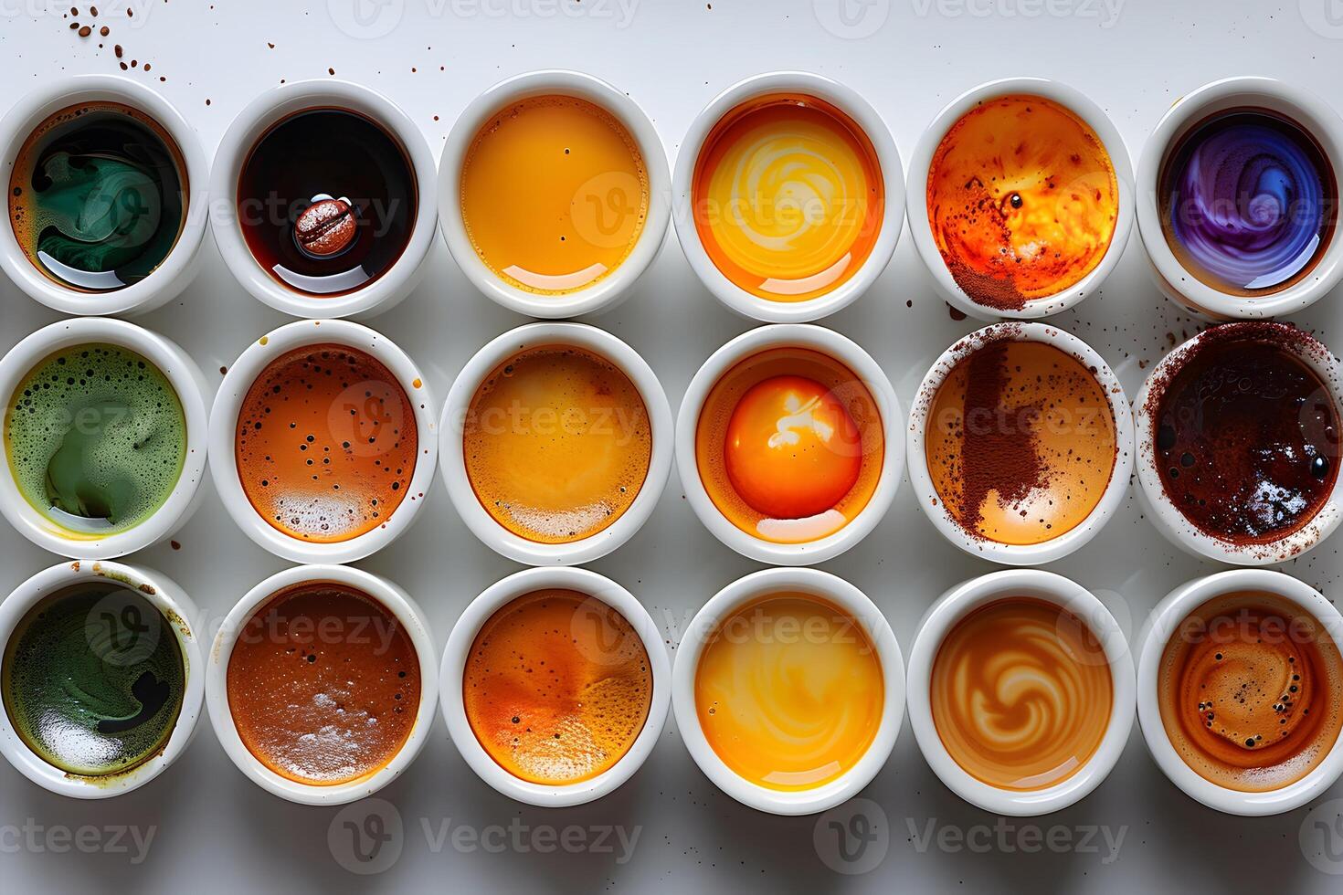 Vibrant Coffee Art Collection Variety of Colorful Coffee Cup Swirls and Designs photo