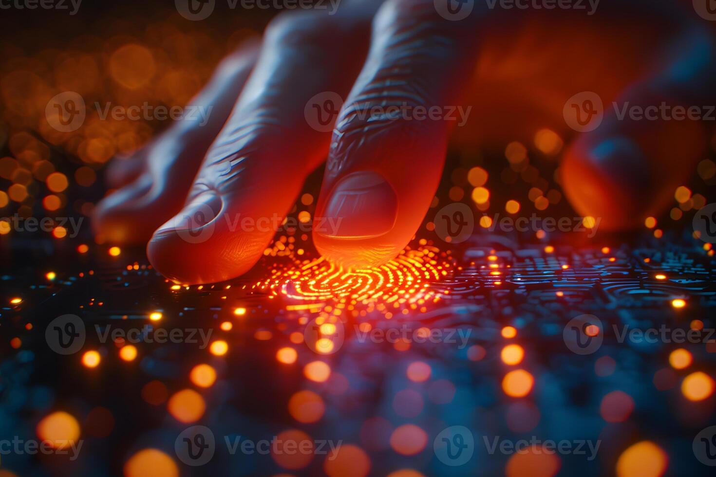 Futuristic Technology Concept of Fingerprint Scanning on a Digital Circuit Board for Cybersecurity photo