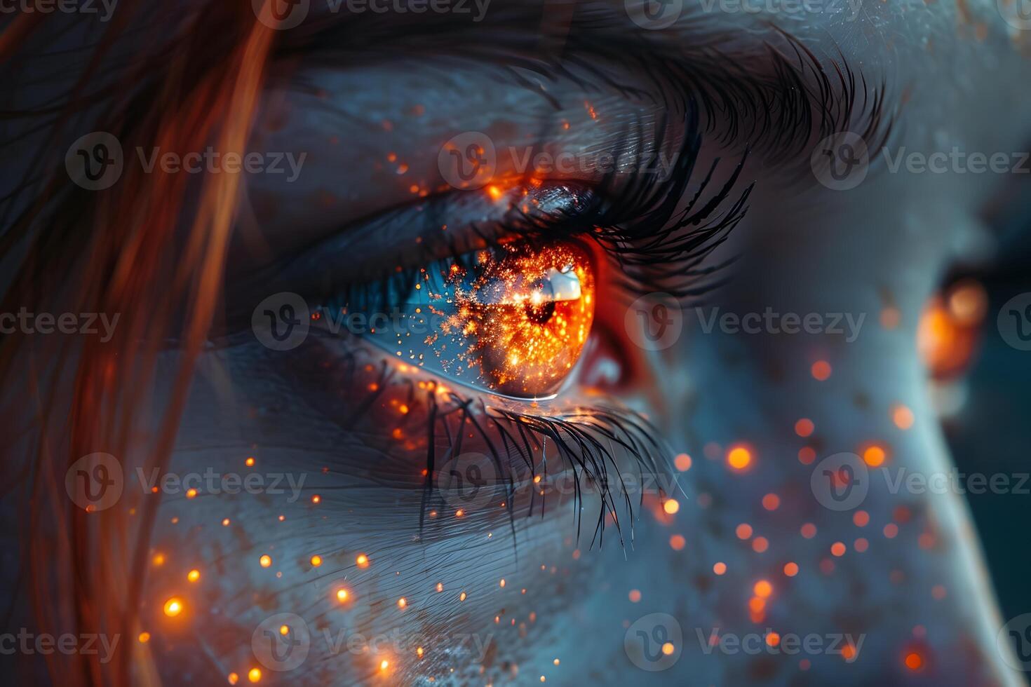 Digital Art of a Fiery Eye Illuminating the Night with Sparkling Fantasy Elements photo