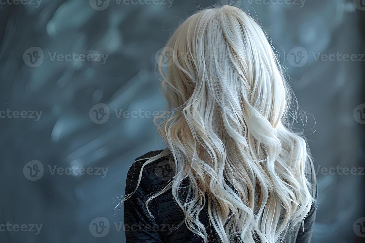 Elegant Blonde Wavy Hair Against Gray Backdrop for Fashion and Haircare Design photo