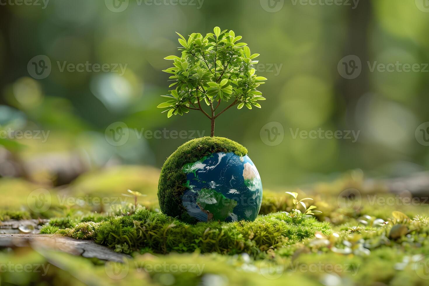 Sustainable Earth Concept with Tree Growing on Mossy Globe in Forest Environment photo