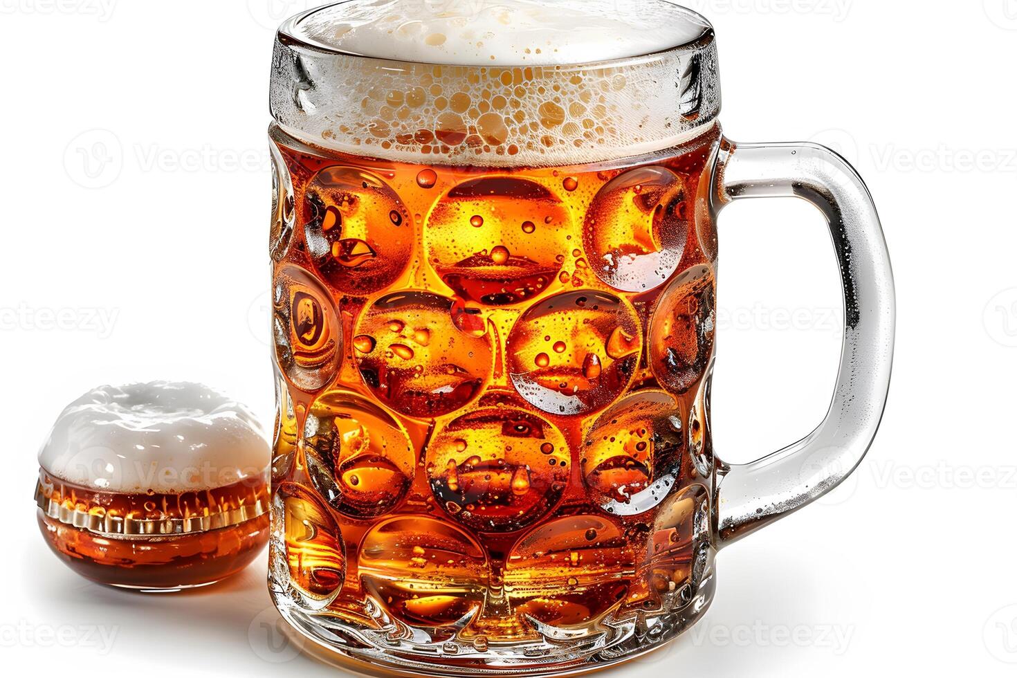 Refreshing Beer Pint and Bottle Cap with Foam Bubbles - Perfect for Oktoberfest or Brewing Projects photo