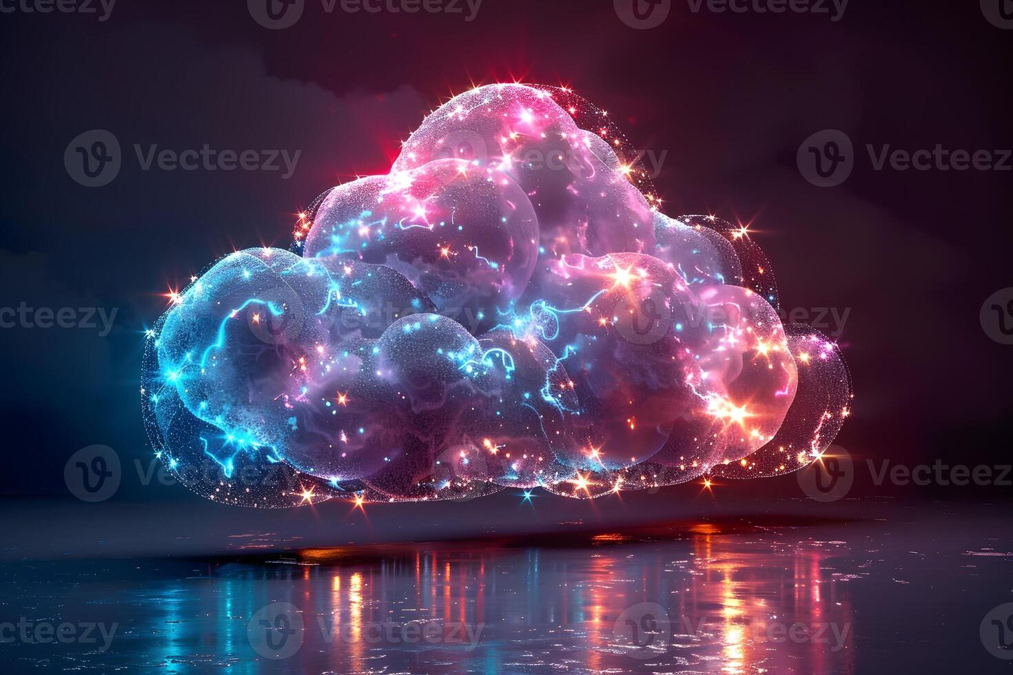 Futuristic Digital Cloud with Neon Lights Reflecting in Water photo