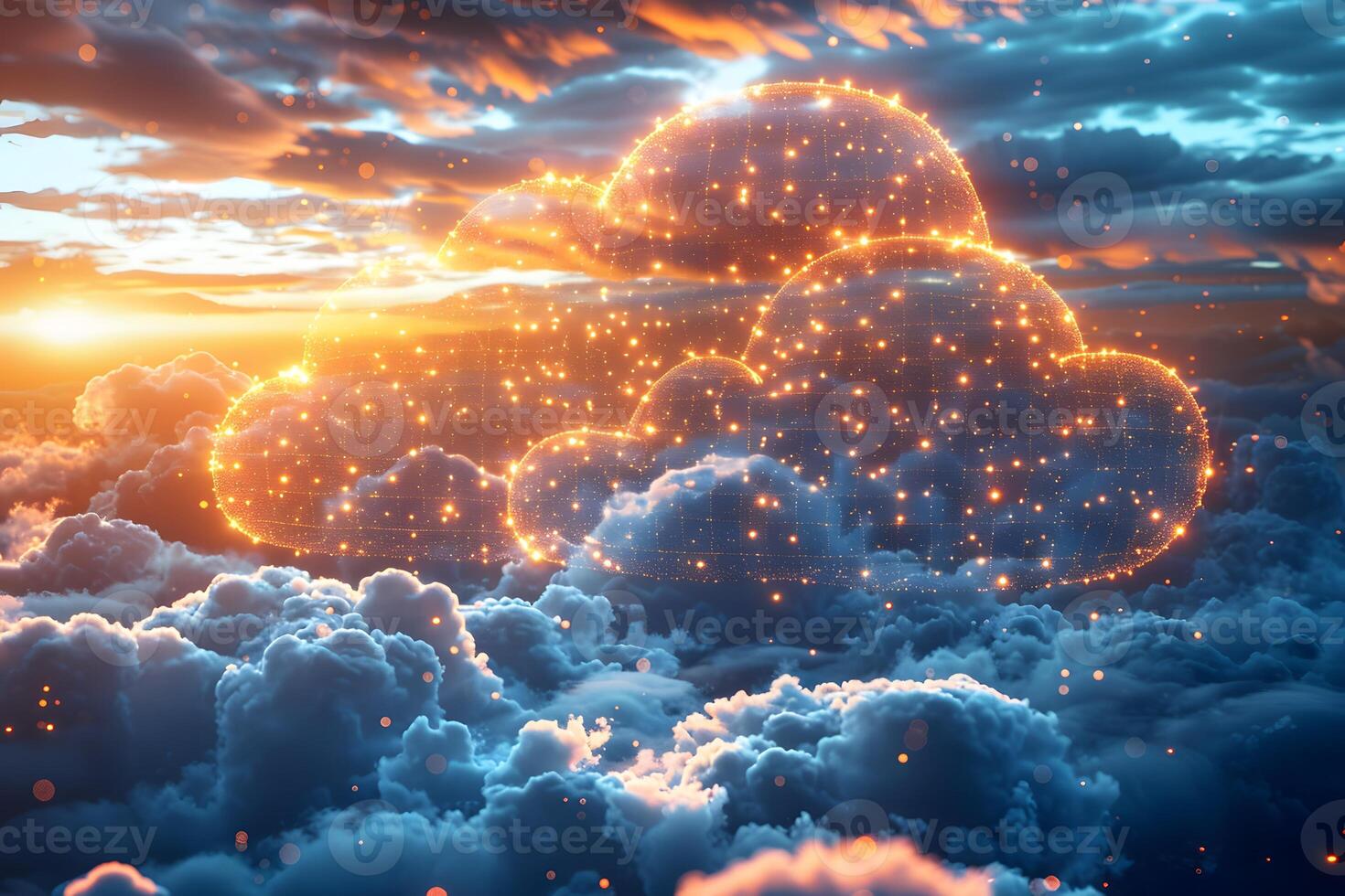 Futuristic Digital Cloud with Glowing Network in Majestic Sunset Sky photo