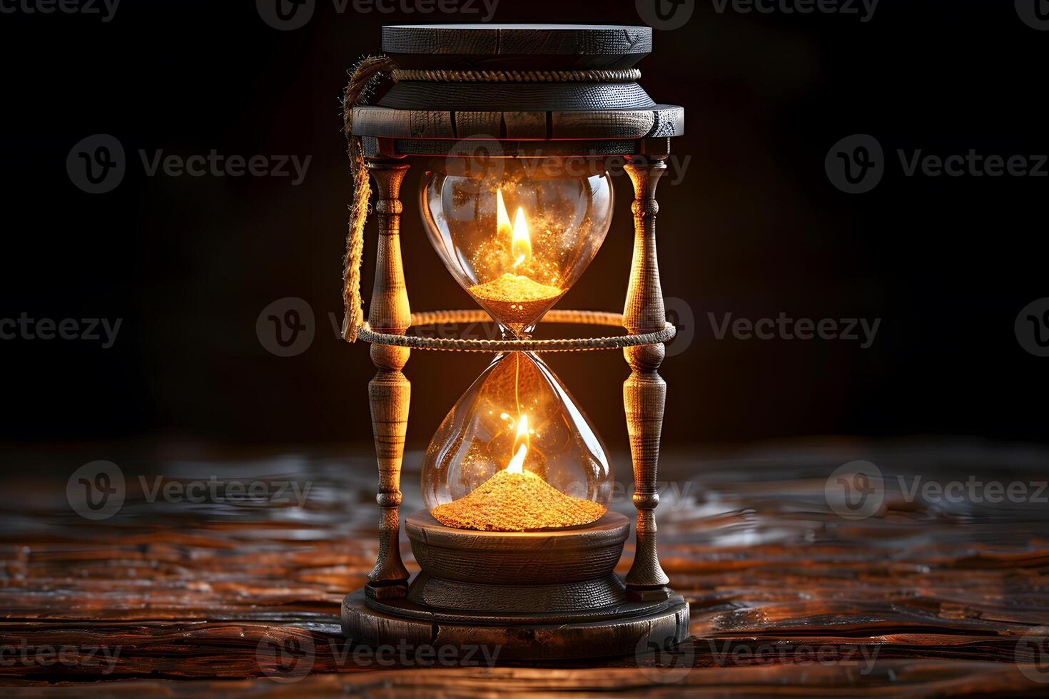 Timeless Classic Hourglass with Flickering Flame on Wooden Table photo