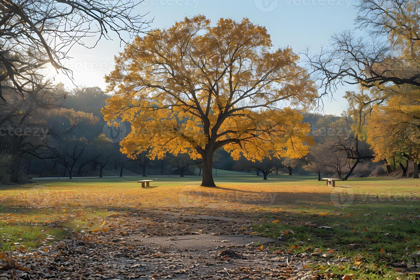 Majestic Autumn Tree in Sunlit Park, Perfect for Nature-Themed Designs and Seasonal Posters photo