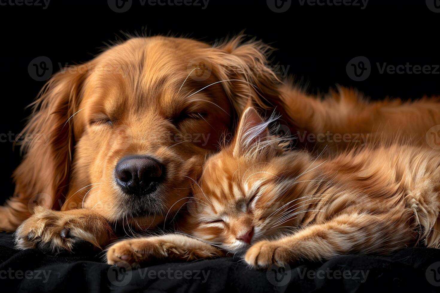 Cozy Companionship Golden Retriever and Kitten Sleeping Peacefully on Black Background photo