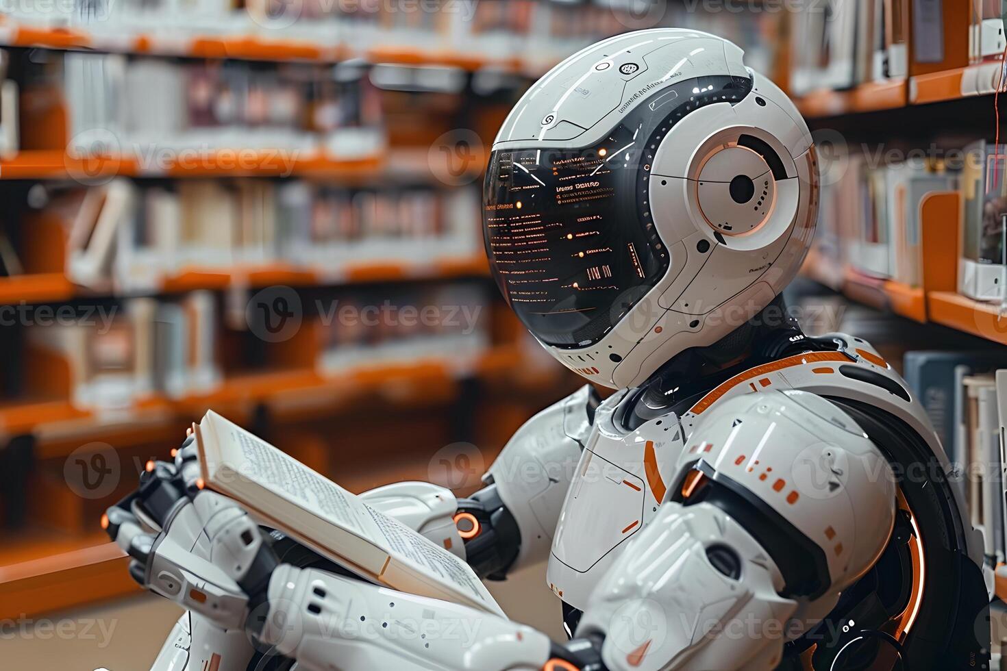 Futuristic Robot Reading in Library - Artificial Intelligence and Education Concept photo