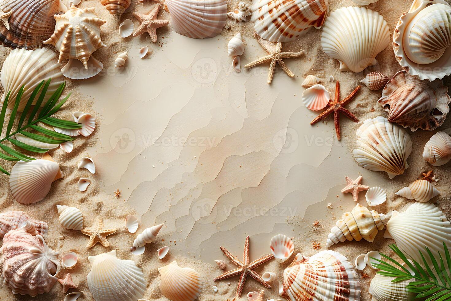 Tropical Beach Vibes Seashells and Starfish on Sandy Background - Perfect for Summer Design photo