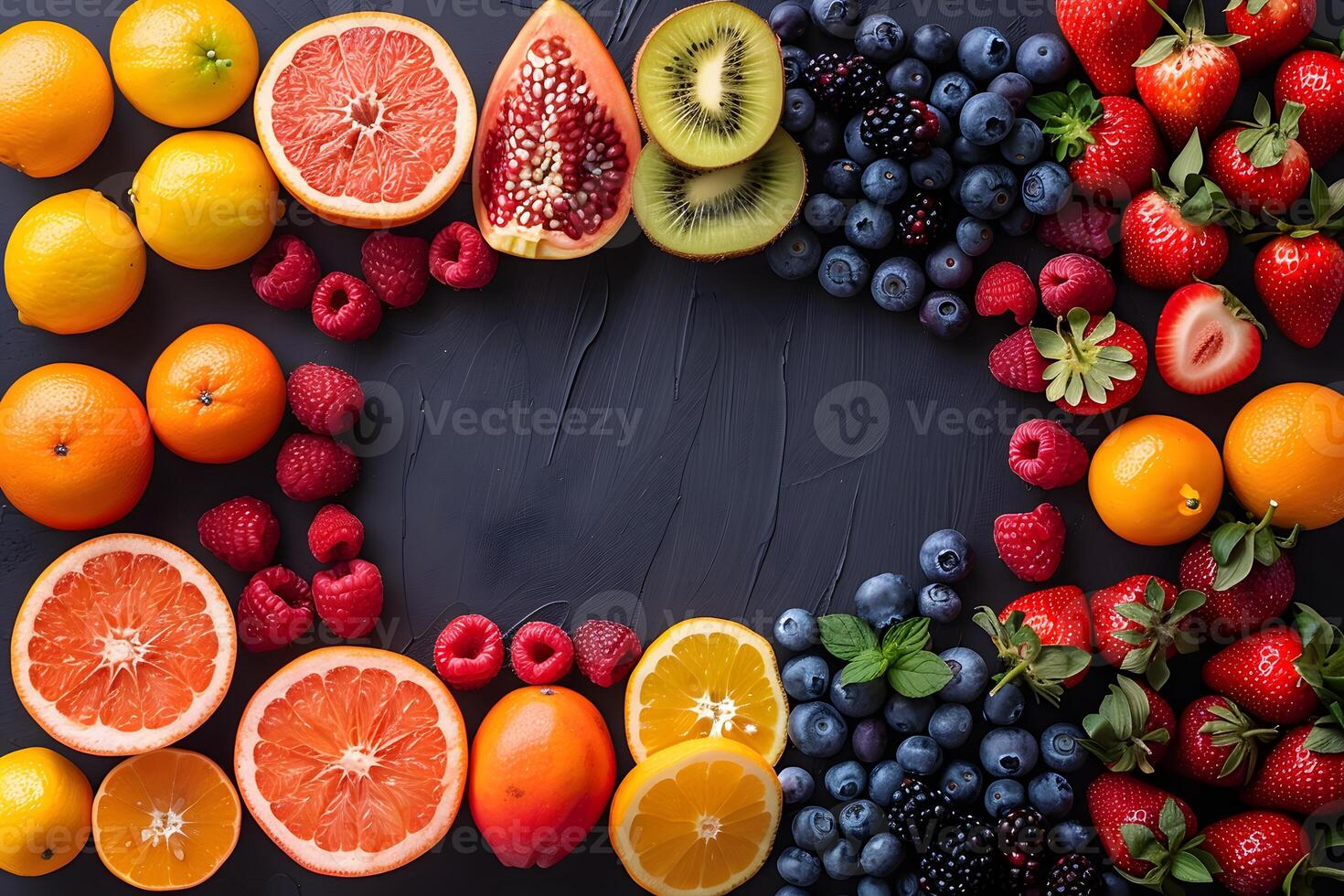 Colorful Array of Fresh Fruits with Citrus, Berries, and Pomegranate on Dark Background for Healthy Living photo