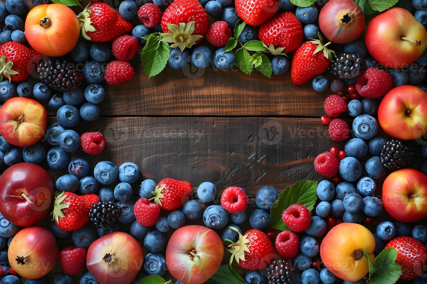 Assorted Fresh Berries and Apples on Rustic Wooden Background - Vibrant Summer Fruit Arrangement photo