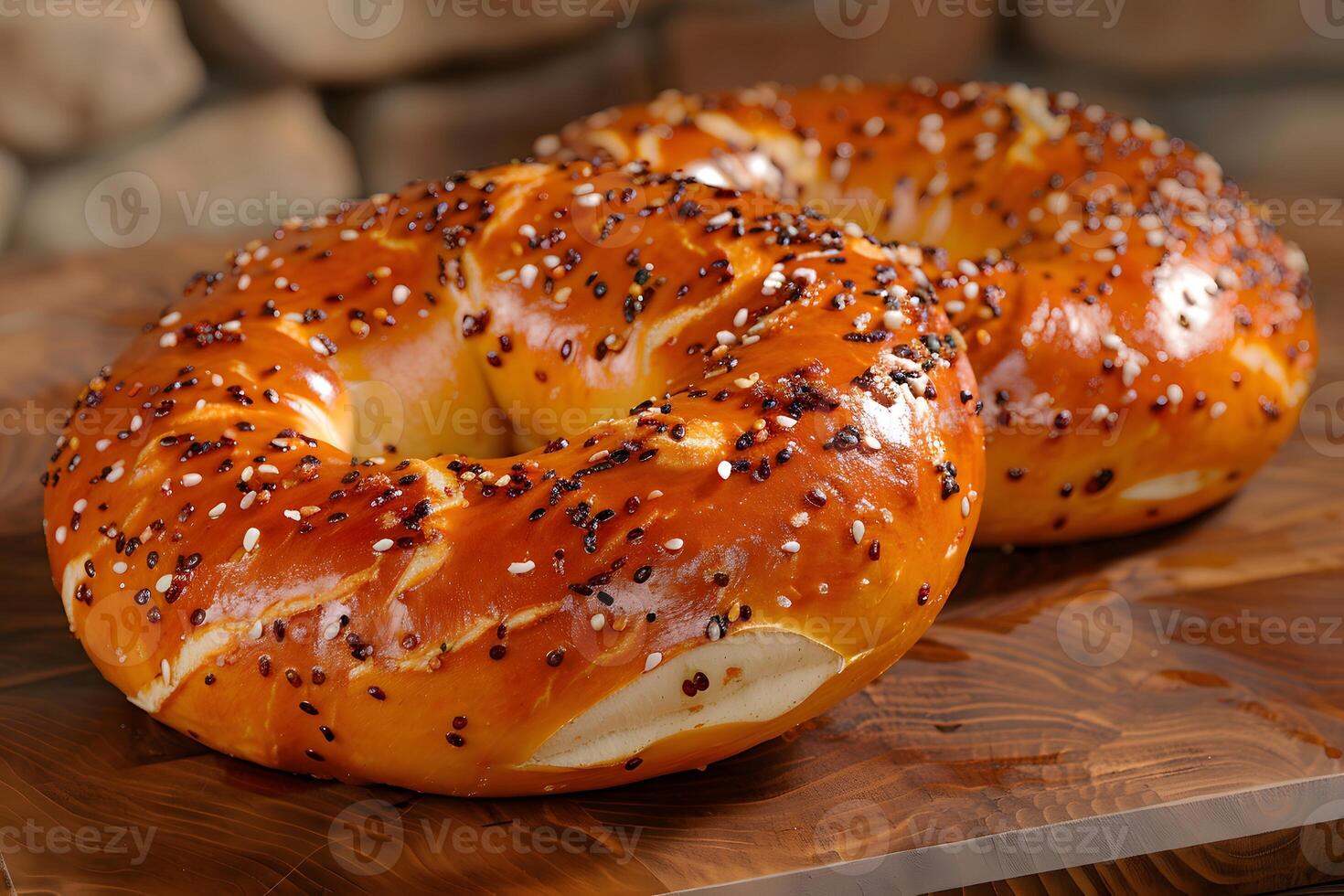 Freshly Baked Pretzels with Sesame Seeds on Wooden Background - Perfect for Food Blogs and Menus photo