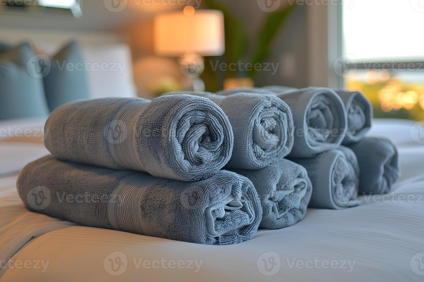 Luxurious Hotel Room Ambiance with Rolled Plush Towels on Bed photo