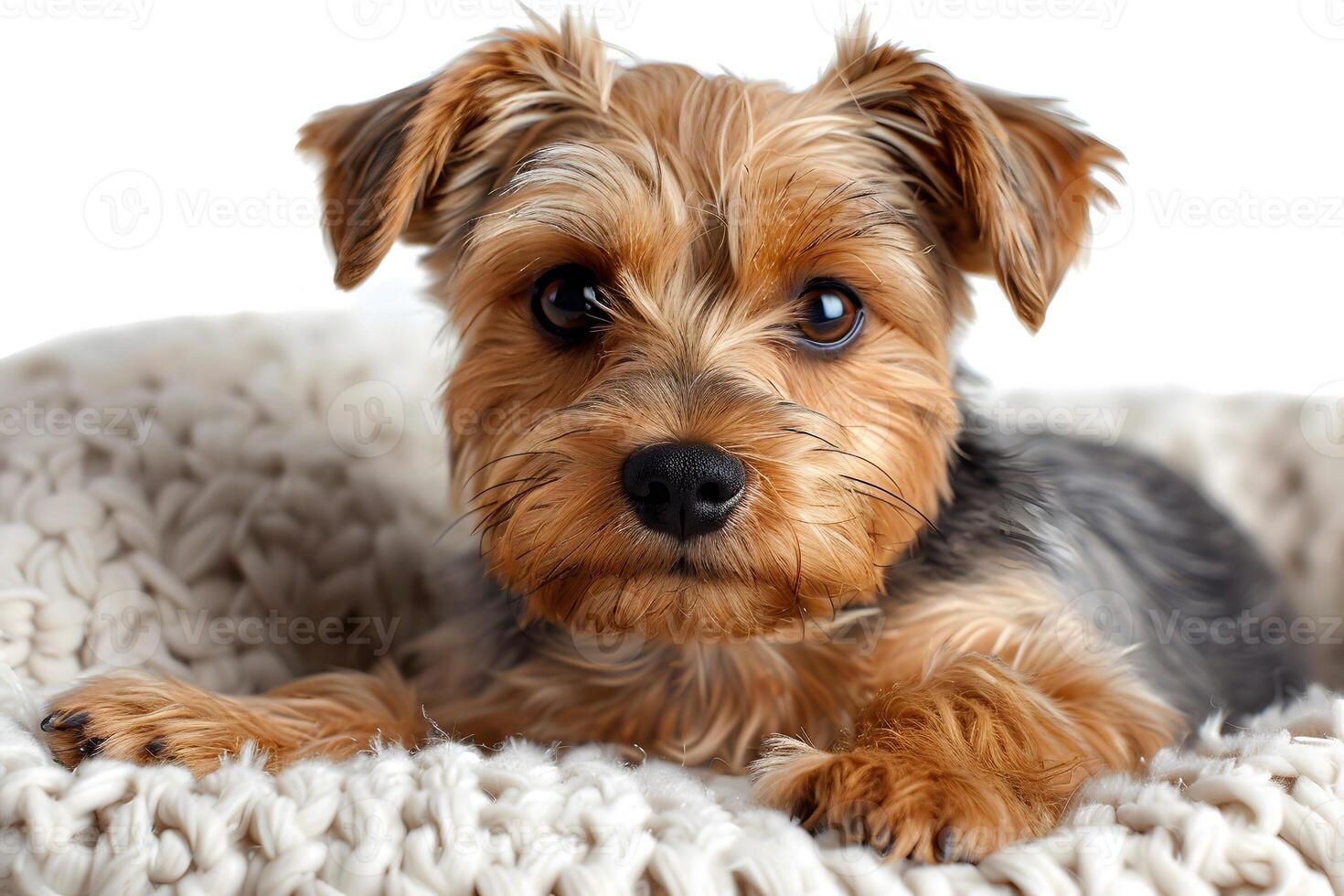 Cute Yorkshire Terrier Puppy Resting on Cozy Knitted Blanket photo