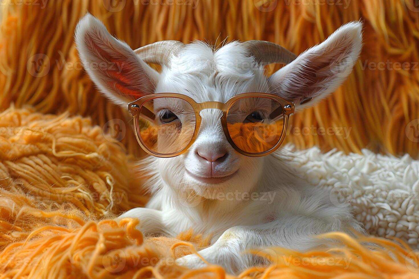 Adorable Baby Goat in Sunglasses with Cozy Fluffy Orange and White Textiles photo