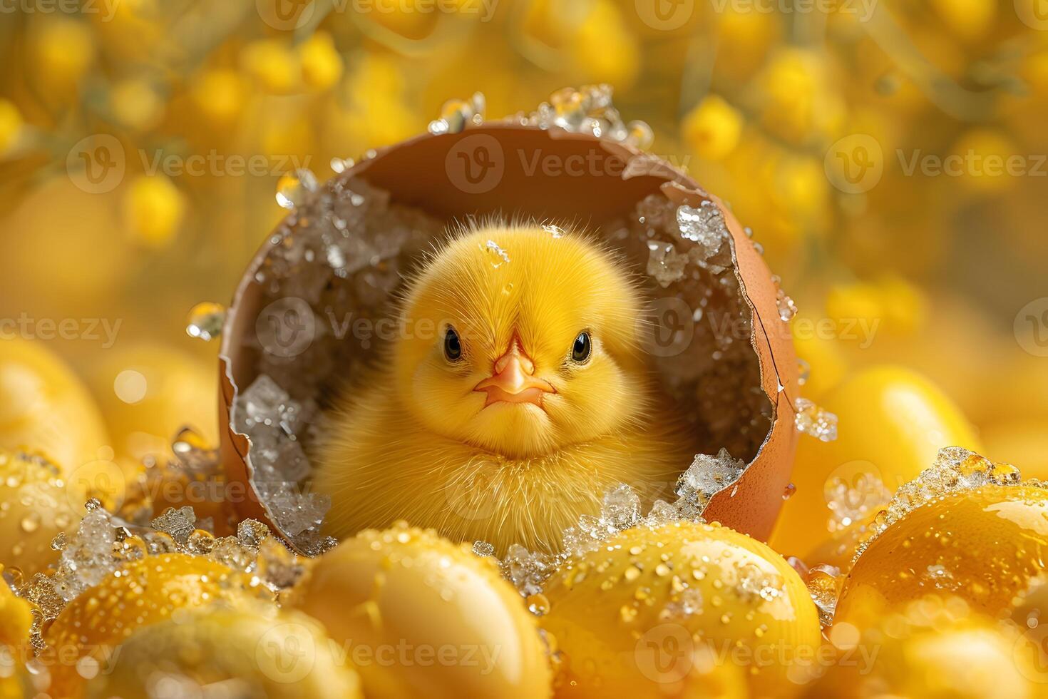 Adorable Baby Chick in Broken Eggshell Amidst Glittering Yellow Easter Decor photo