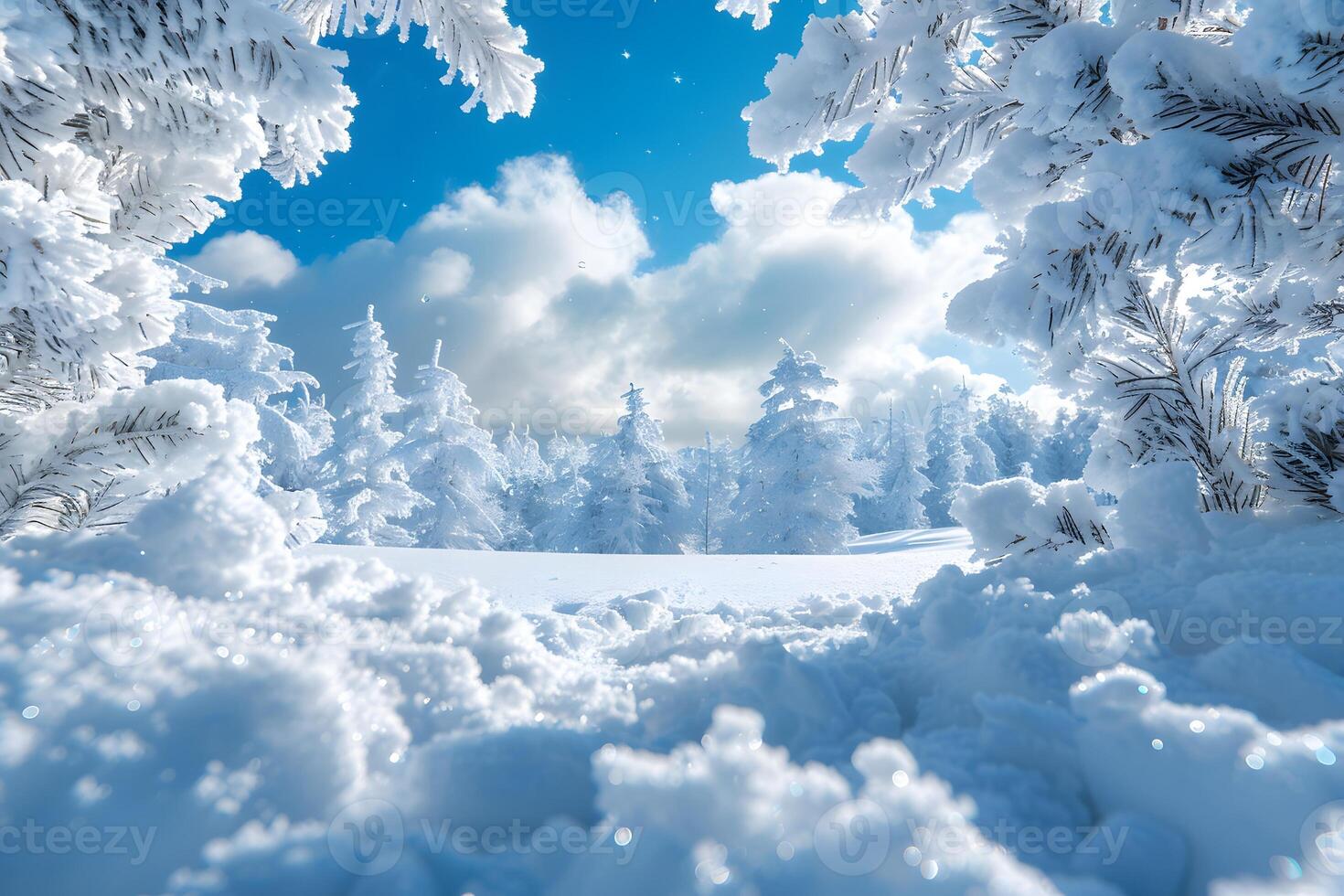 Winter Wonderland Landscape with Snow-Covered Trees and Sunny Sky photo