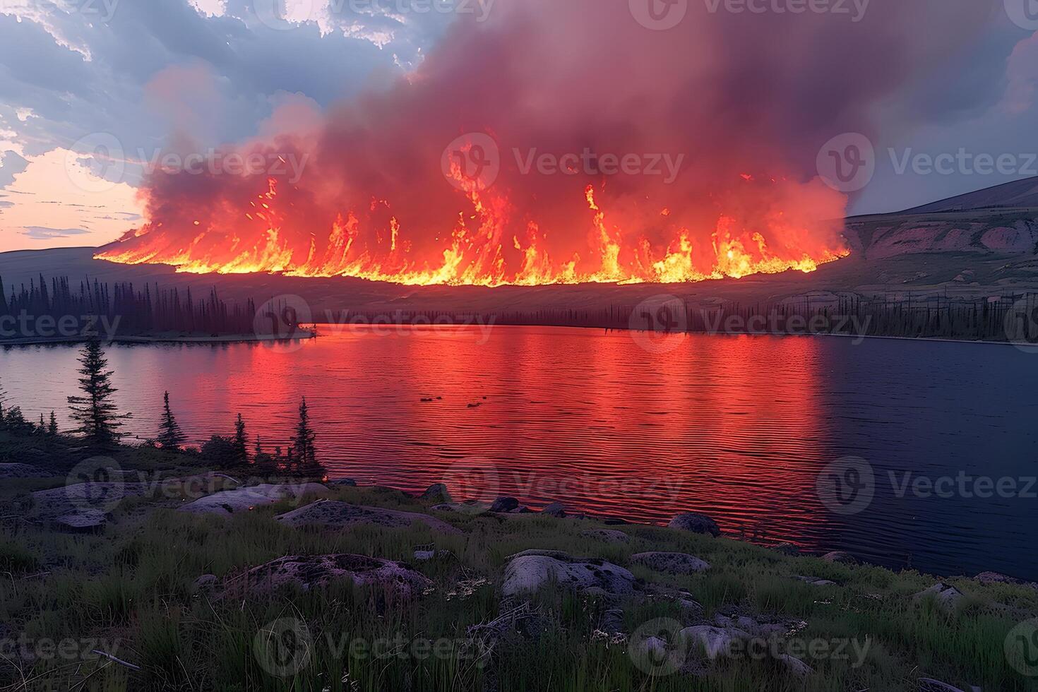 Majestic Forest Fire Reflection on Serene Lake at Sunset photo