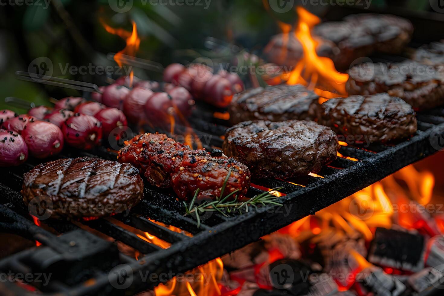 Grilled Meat and Vegetables Over Open Flames - Perfect for Summer Barbecue and Culinary Inspirations photo