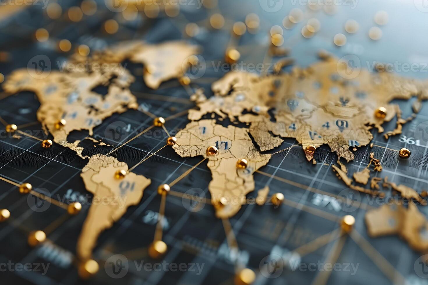 Golden World Map on Black Grid Background for Global Business and Travel Themes photo