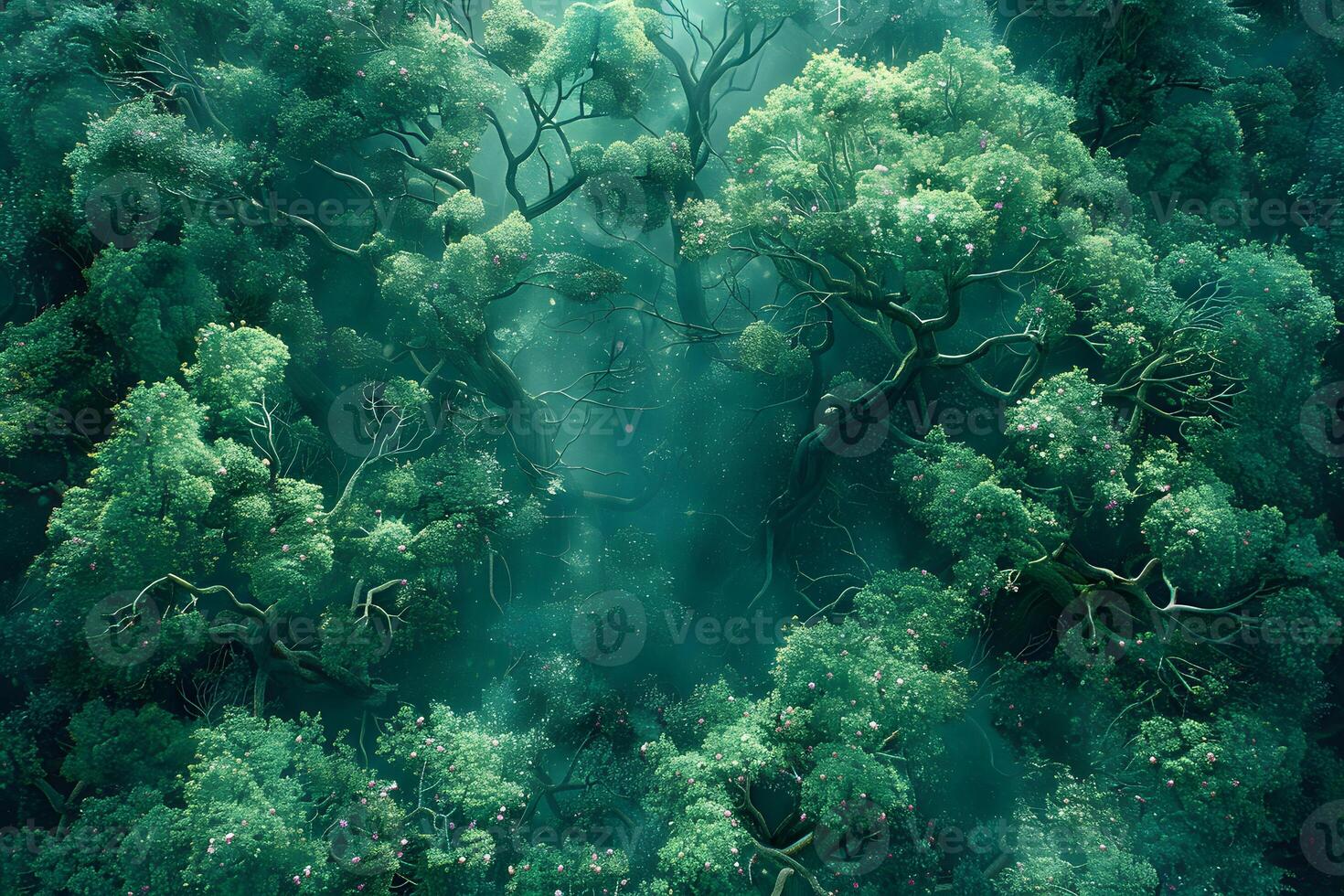 Enchanted Forest Canopy with Sunlight Rays - Nature's Mystic Beauty for Poster or Print photo