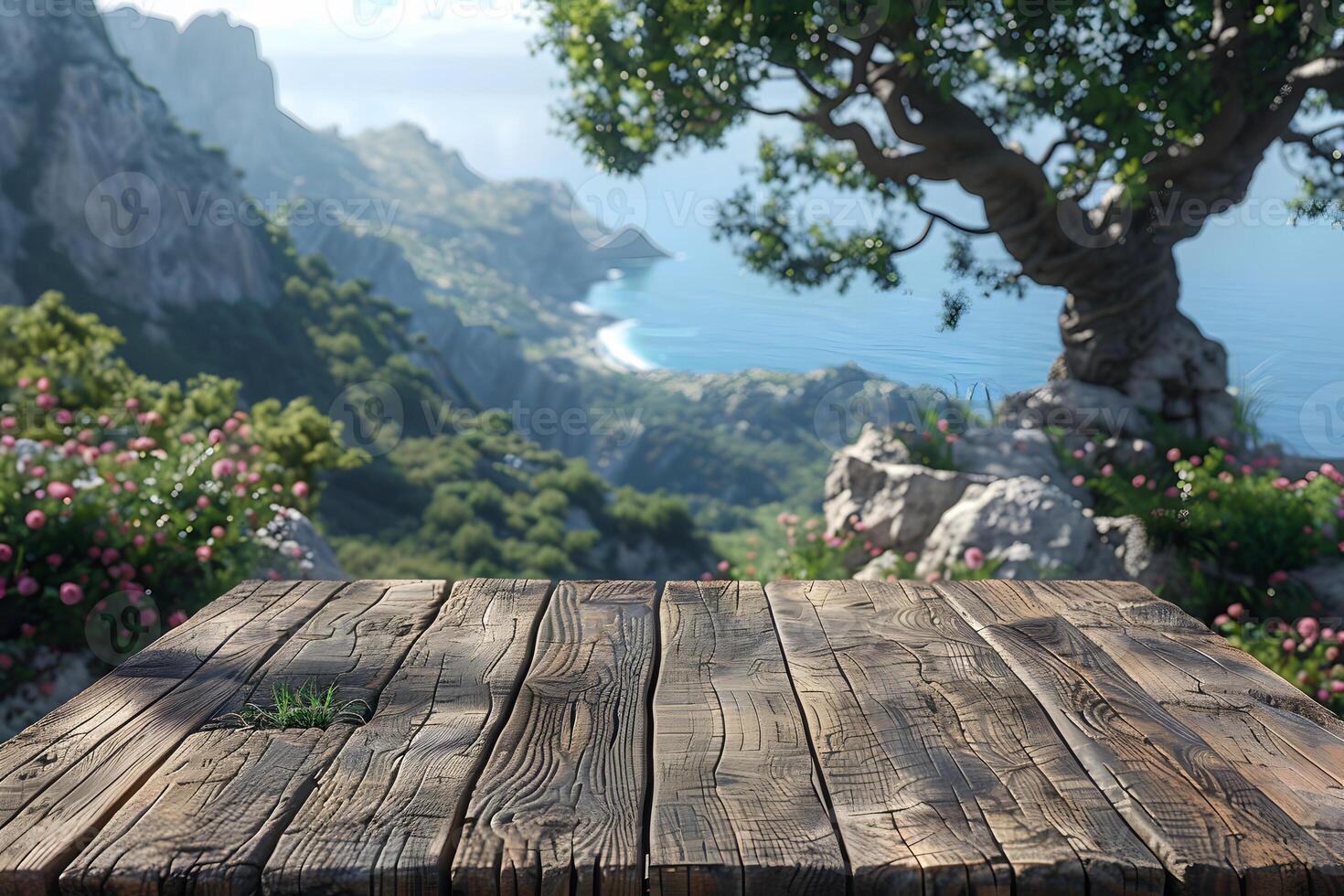Rustic Wooden Table Overlooking Scenic Coastal Landscape with Lush Greenery photo