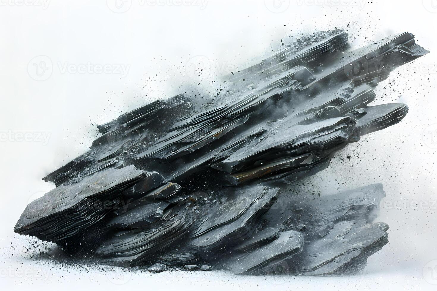 Dynamic Explosion of Shattered Rock and Debris on a White Background for Creative Designs photo