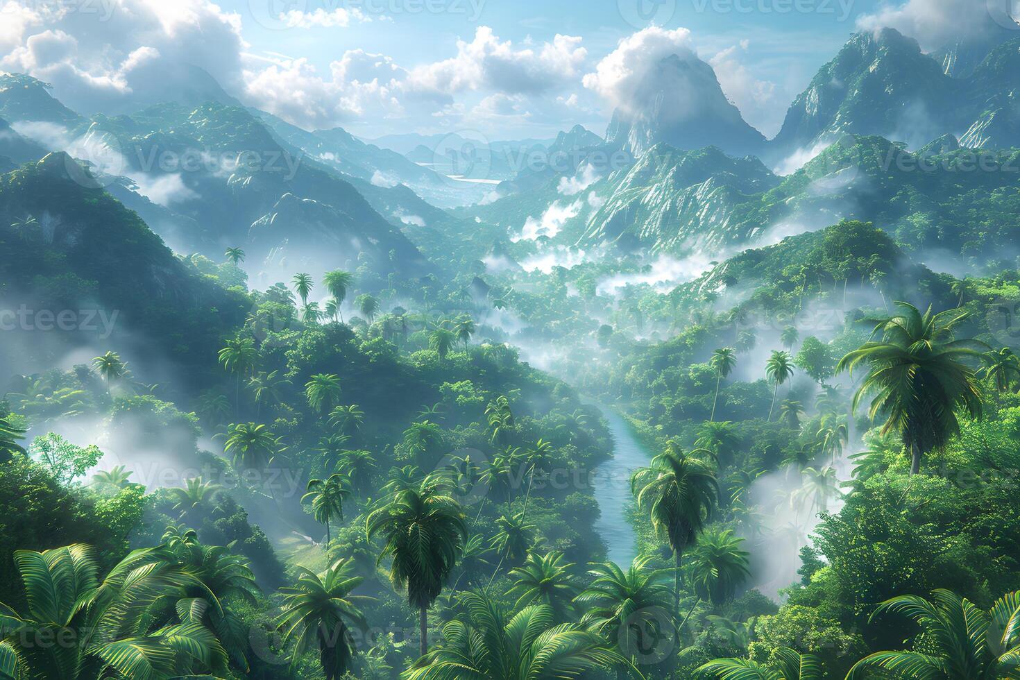 Majestic Tropical Valley with Lush Greenery and Misty Mountains for Nature Posters photo