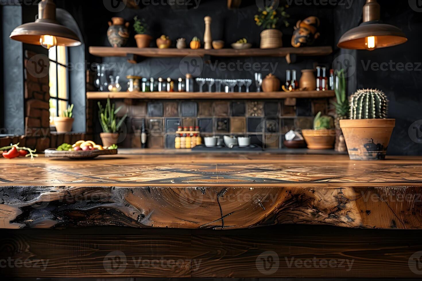 Rustic Kitchen Interior with Wooden Countertop and Potted Plants for Cozy Home Decor photo