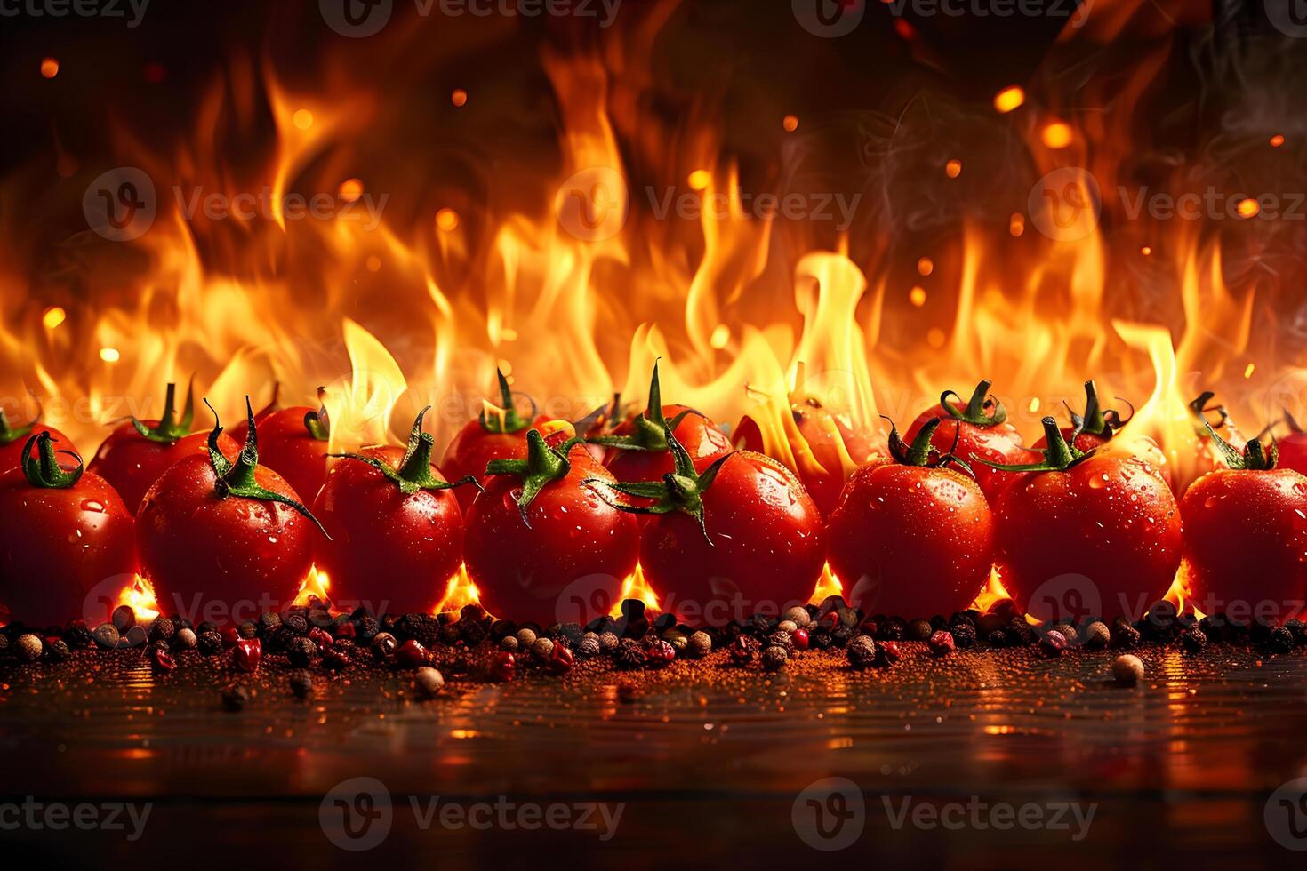 Fiery Culinary Art with Fresh Tomatoes and Spices photo